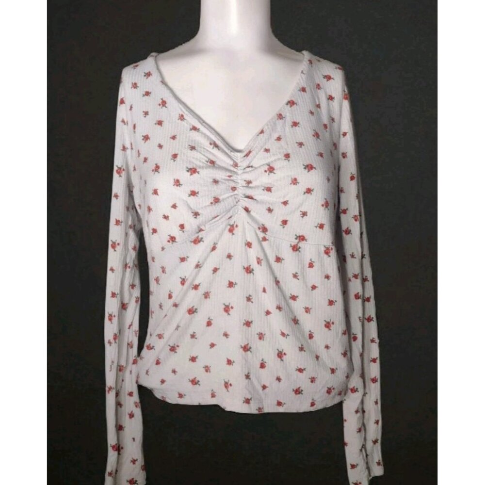 Nikki Erin Ribbed Rose Milkmaid Top Size L Ditsy Floral Babydoll Y2K Style